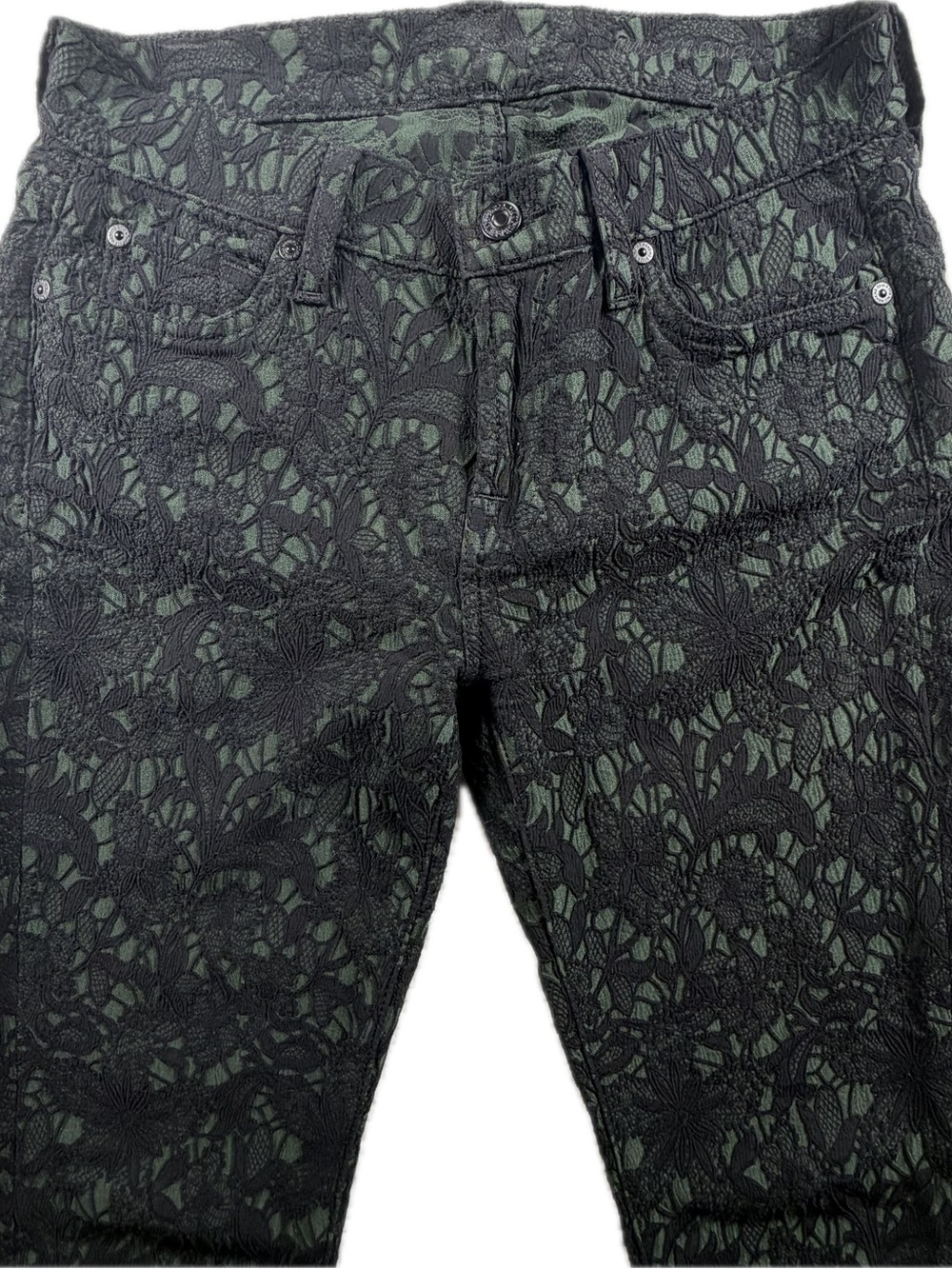 7 For All Mankind Gwen evere Black Lace-Overlay Dark Green Skinny Jeans Sz 4